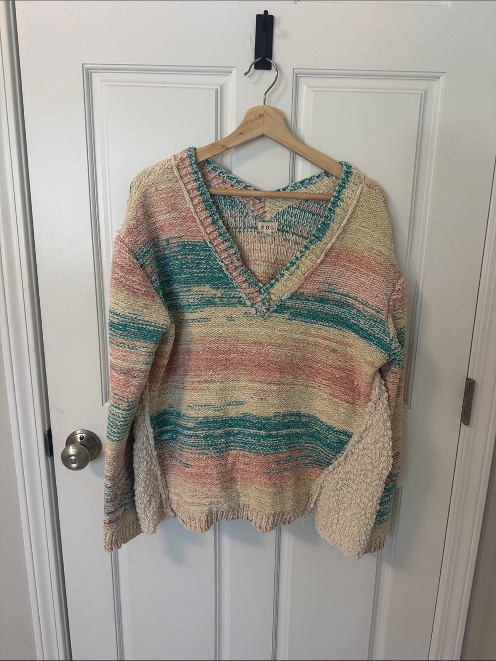 POL Striped V-Neck Knit Sweater in Cream, Teal & Coral